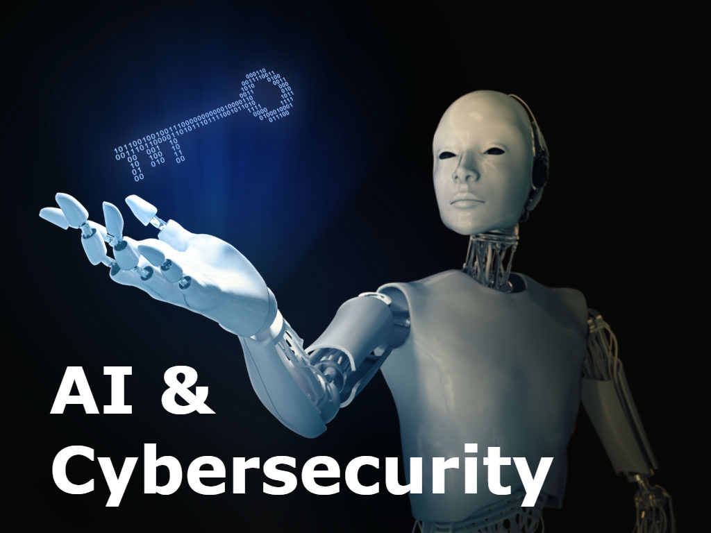  A robot holding a glowing blue circuit board in its hand with the text 'AI & Cybersecurity' next to it.